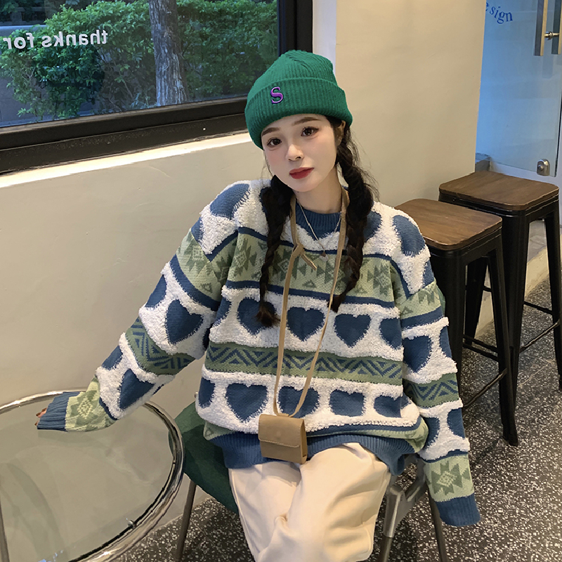 Vintage Leisure Womens Clothing Sweater Lazy Wind Purple Crew Neck Pullover Winter Long Sleeves HeartShaped Knitting Tops W220817