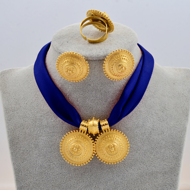 Anniyo DIY Rope Chain Ethiopian Jewelry Set Gold Color Eritrea Ethnic Style Habesha Pendant Earrings Ring #217106 220418