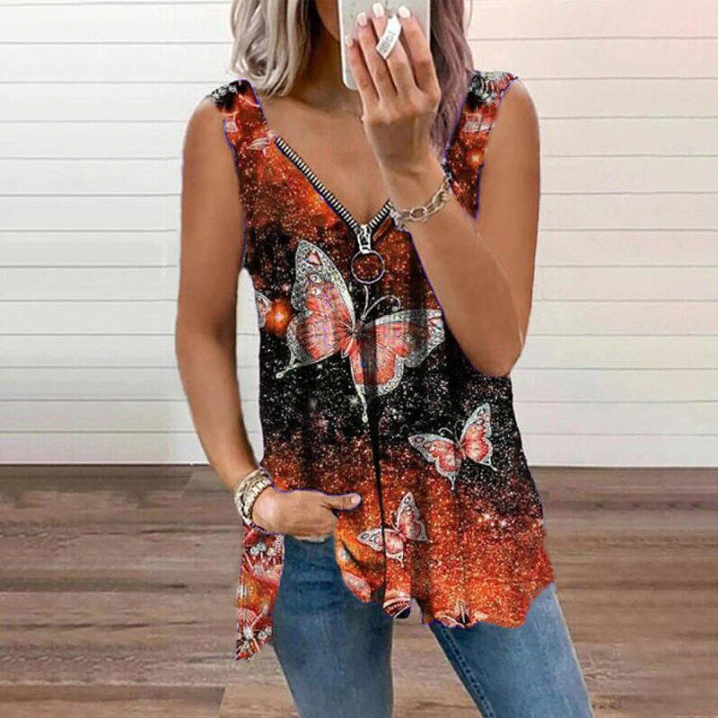 Plus Size Women Fashion V-Neck Zipper Sexy Loose T-Shirt Vest Summer Sleeveless Tops Female 220325