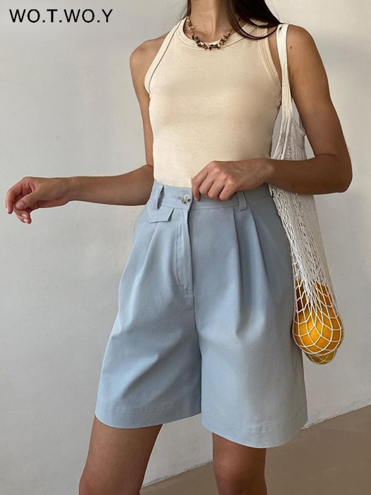 WOTWOY Casual Summer High Waisted Shorts Women Solid Loose Streetwear Short Pants Female Korean Style Simple Trousers 220527