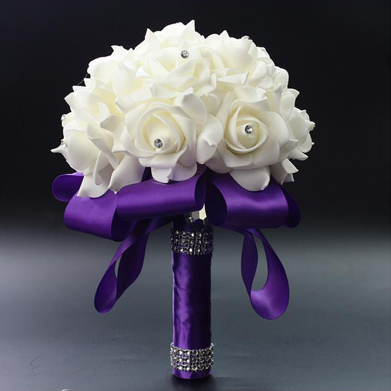 1Piece White Satin Romantic Wedding bouquet Cheap Bridesmaid Wedding Decoration Foam flowers Rose Bridal bouquet
