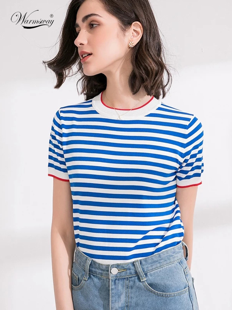 Sale Promotion ! Thin Knitted T Shirt Women Clothes Summer Woman Short Sleeve Tees Tops Striped Casual T-Shirt Female B-019 220321
