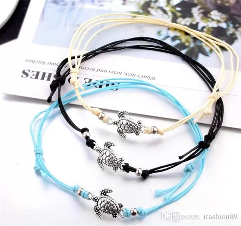 Adjustable Bohemian Ancient Silver Sea Turtle Anklet Bracelet Chain for Women Blue Black Wish Braided Rope Foot Chain Ankle Bracelets Summer Ocean Bea