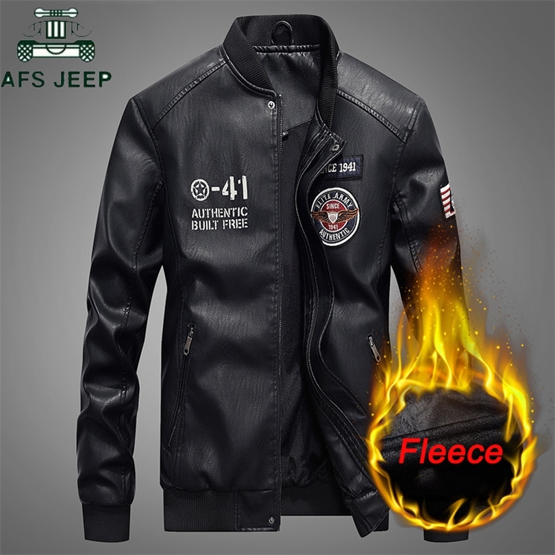 AFS Autumn Winter Embroidery Leather Jacket Men Thick Fleece PU leather Coat Stand Collar Baseball Jacket Men Plus Size 4XL D19010903