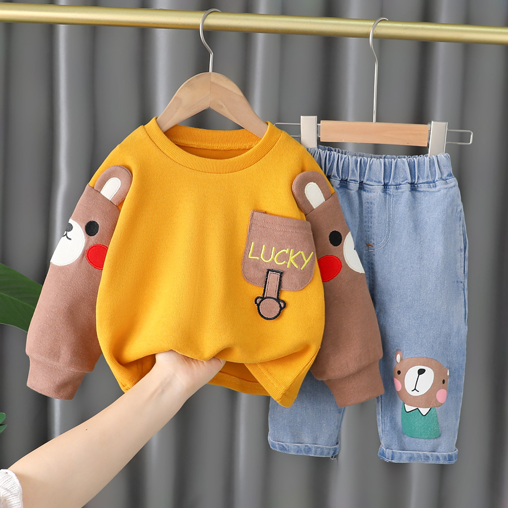 Spring Autumn Children Girls 2PCS Clothing Set Embroidery Cartoon Cotton Sweatshirts Jeans Pants Baby Girls Clothes Suit