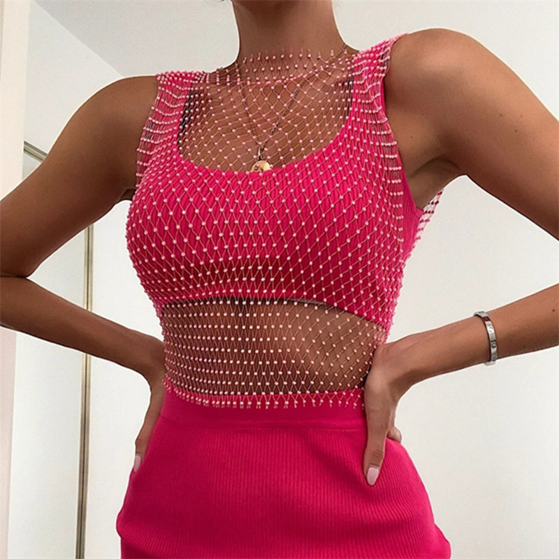 Shiny Tank Top Women Sexy See Through Grid Patchwork Hollow Out Sleeveless Crop Fashion Clubwear Lady s 220325