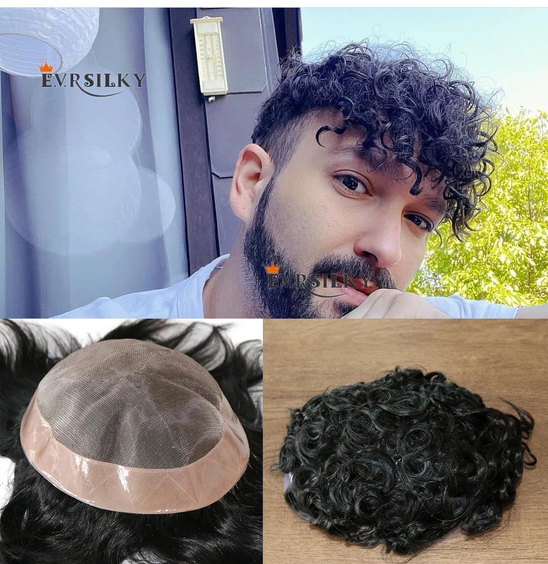 20MM Curly #1B Men's Wig Super Durable Mono Capillary Prosthesis Hair Unit Toupee Men Replacement System Human Hair Wigs For Male