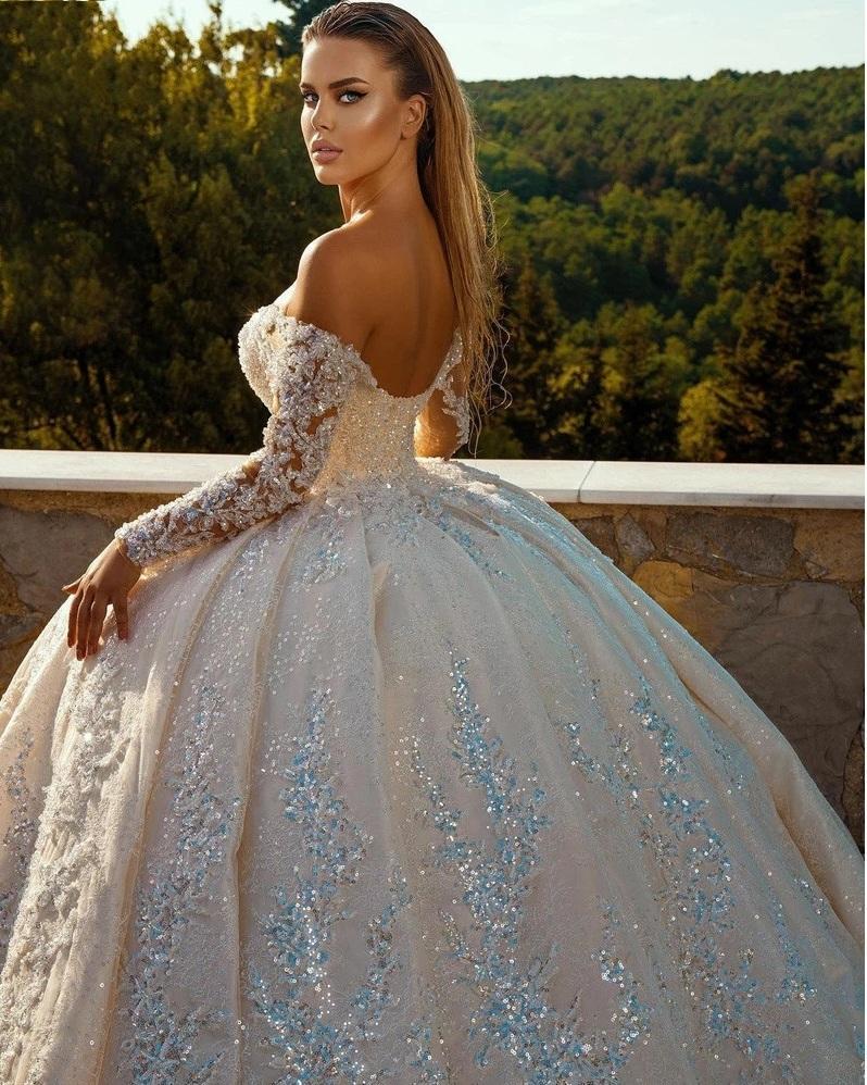 Princess Royal Glitter Ball Gown Wedding Dresses Shiny Appliques Sleeves Sequins Plus Size Custom Made Long Length Train Vintage Robes De Soiree 0220