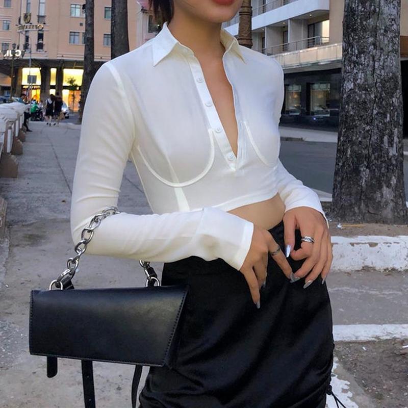 Women' Blouses & Shirts White Long Sleeve Crop Tops Shirt Women Half Cardigan Neack Elegant Sexy Single Breasted Fashion Blusas Slim Short
Women' Blouses & Shirts White Long Sleeve Crop Tops Shirt Women Half Cardigan Neack Elegant Sexy Single Breasted Fashion Blusas Slim Short