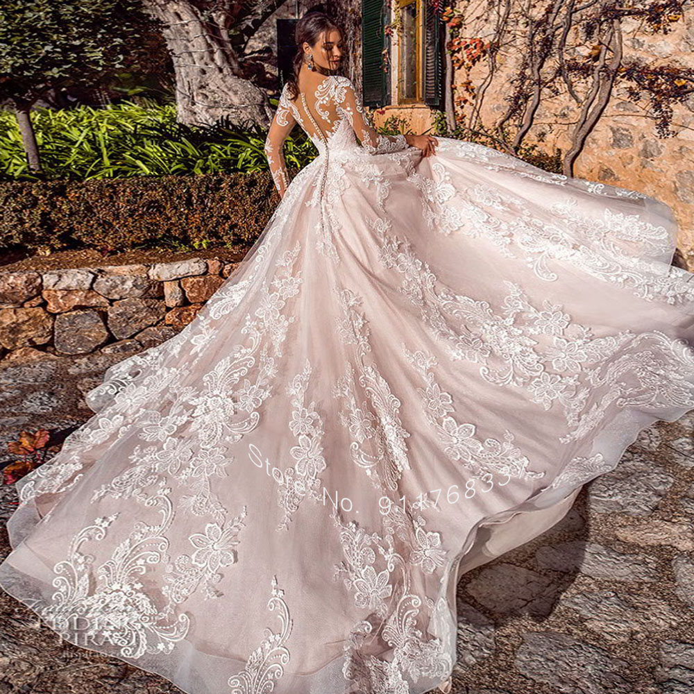 Luxury Lace Ball Gown Wedding Dress Long Sleeve Bridal Gowns Robe De Mariee Illusion Back Trouwjurk O-Neck Gorgeous Tulle Bride Dresses Sukienka Na We