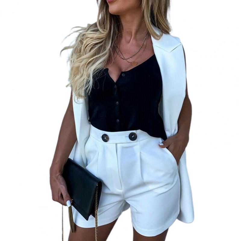 Add Trouser Set Women Clothing Summer Sleeveless Cardigan Blazer Shorts Solid Color Twopiece Lady Short Suit 220611