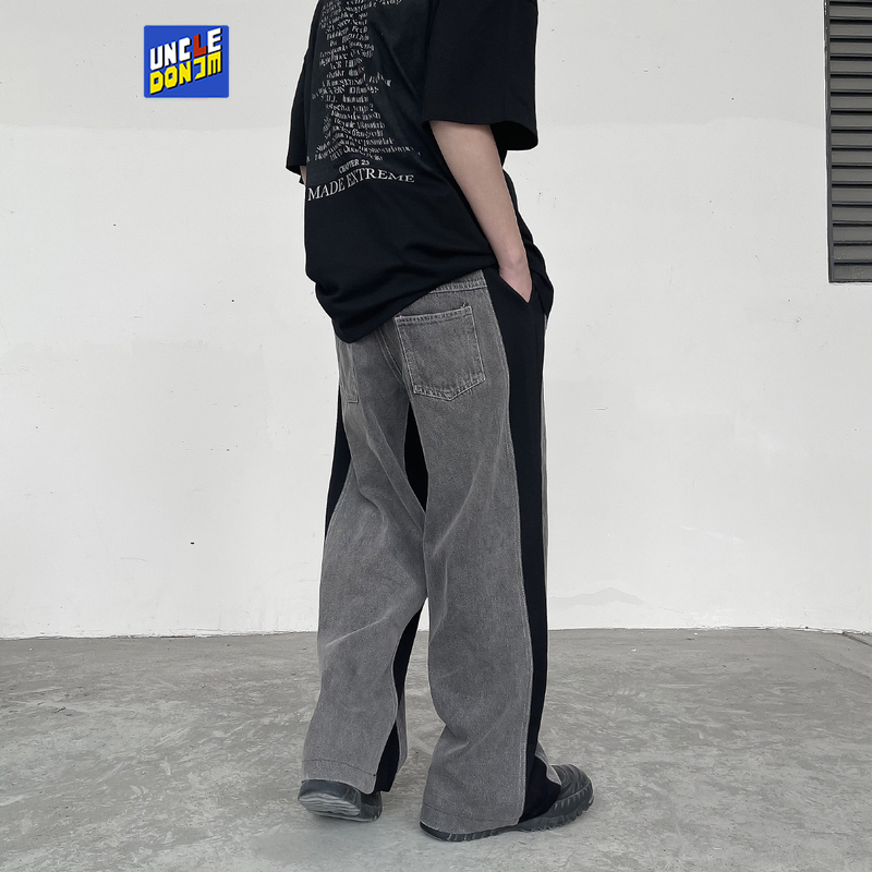 UNCLEDONJM Denim stitching baggy pants streetwear harajuku fashion sweat men loose Hip Hop punk trousers 220330