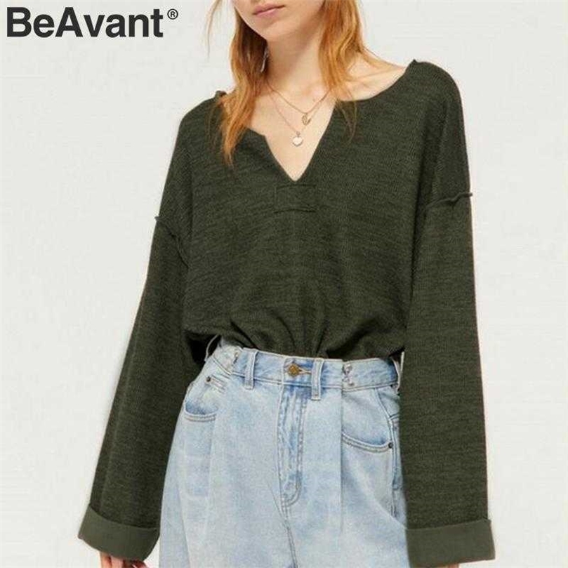 BeAvant Casual loose t-shirts women Autumn oversize ladies t-shirts Long sleeve patchwork female cotton tops shirts 210709, Army green