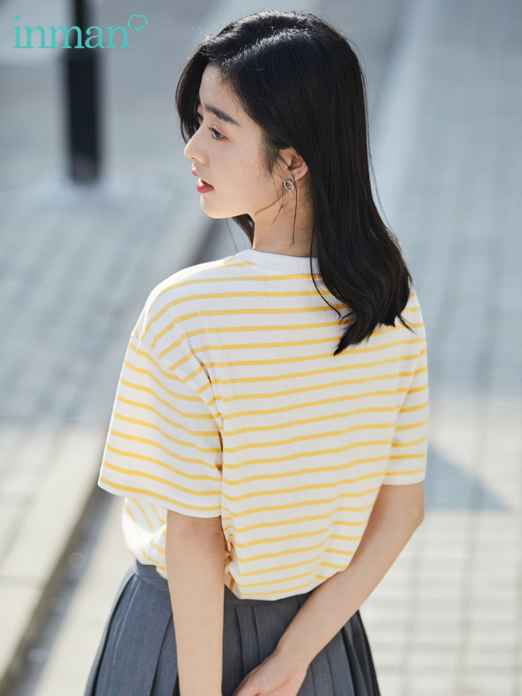 INMAN Summer Womens Tshirt Short Sleeve Woman Clothes Stripe Casual Top Women Round Collar Fashion Woman Blouses Ropa Mujer 220527