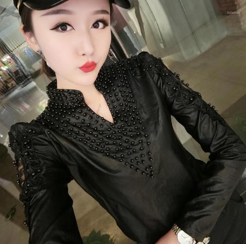 Autumn Women PU Leather Shirt Fashion V-neck Beaded Hollow Out Black Slim Long Sleeve Blouse Tops Plus Size 3XL R2128 Women's Blouses & Shir
Autumn Women PU Leather Shirt Fashion V-neck Beaded Hollow Out Black Slim Long Sleeve Blouse Tops Plus Size 3XL R2128 Women's Blouses & Shir