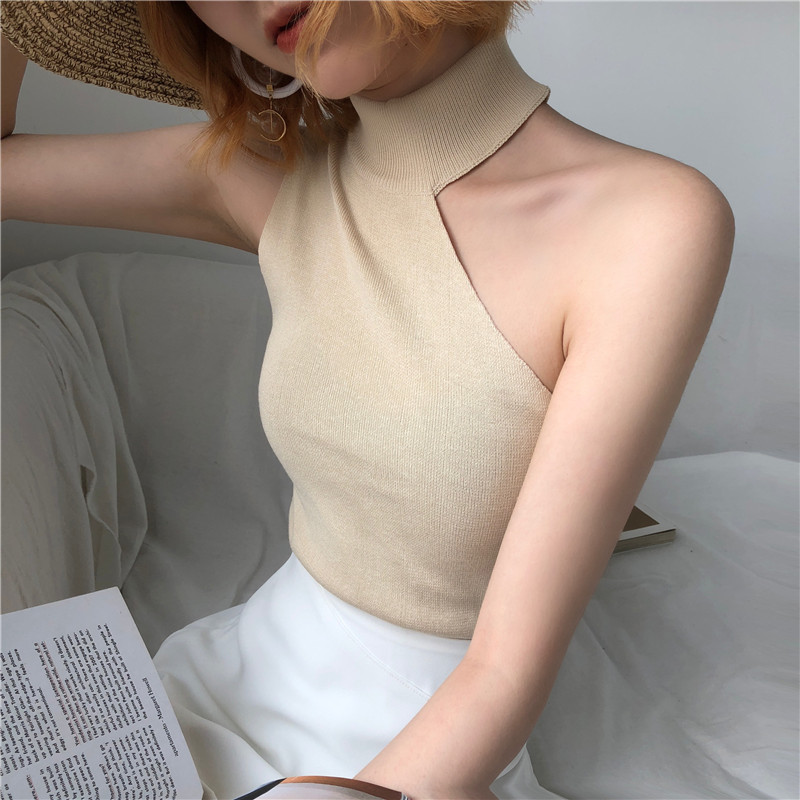 Knitted Sweater Off Shoulder Pullovers for Women Sleeveless Turtleneck Female Jumper Black White Beige Sexy Clothing 220316