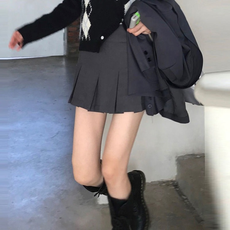 HOUZHOU Vintage Gray Pleated Skirt Women Kawaii High Waist Mini Skirts Korean Fashion School Uniform Harajuku Streetwear Spring 220322