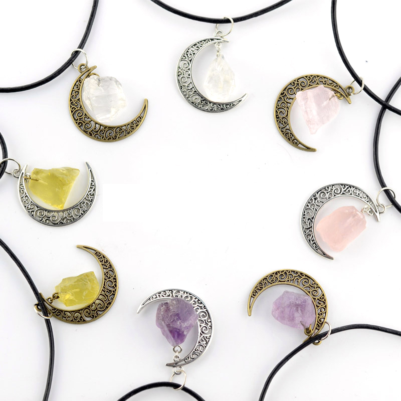 Natural Crystal Stone Necklaces Starry Sky Moon Gemstone Pendant Necklace Sweater Decoration Fashion Jewelry With Chain