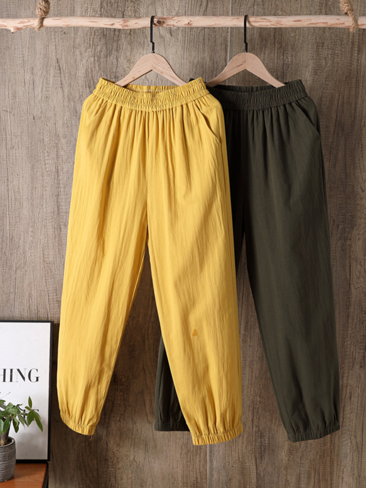 Spring Summer Casual Cotton Linen Pant Elastic Waist Solid Pockets Retro Loose Women's Harem Trousers Bottoms 220325