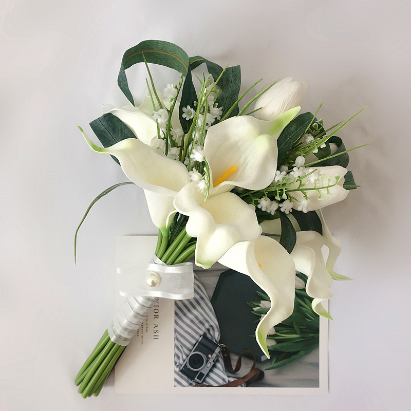 Bridal Bouquet Fleur Artificielle Real Touch PU White Calla Lily Bridesmaid Flower Girl Marriage Deco Small Wedding Bouquet