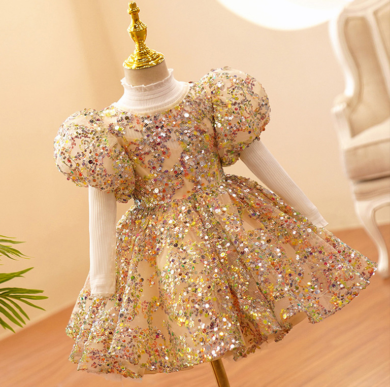 Elegant Gold Princess Sequined Blingbling Floor Length Ball Gown Pageant Dresses For Teens Toddler Girls Flower Dress 403
