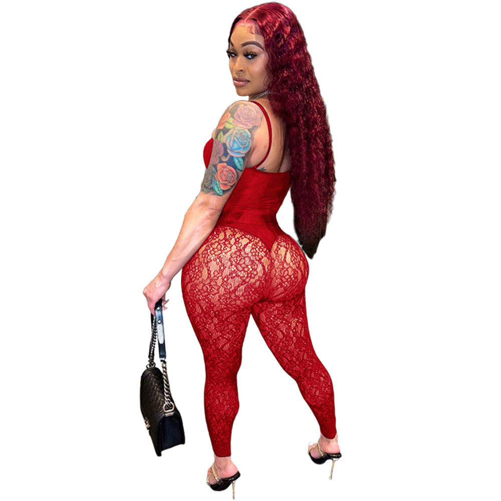 2023 Designer Women Tracksuits Sexy Sleeveless Bodysuits and See Through Lace Leggings Two Piece Sets Summer Sheer Outfits Night Club Wear Wholesale C