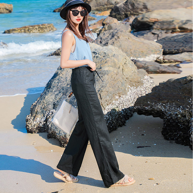 Casual Cotton Linen wide leg Beach pants bohemian loose female vintage high waist Solid color straight trouser 220325