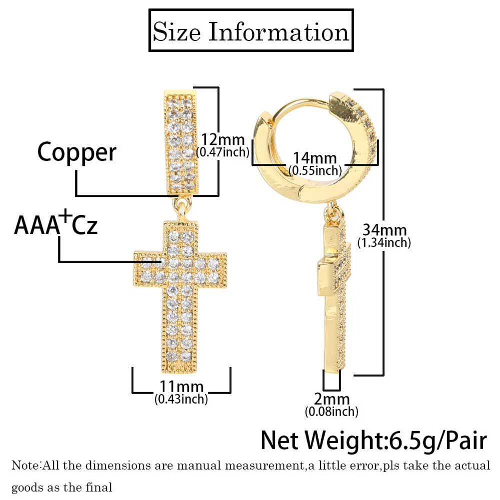 Hip Hop Cross Dangle Earrings TopBling White Zircon Hoop Earrings 18K Real Gold Platinum Plated Jewelry