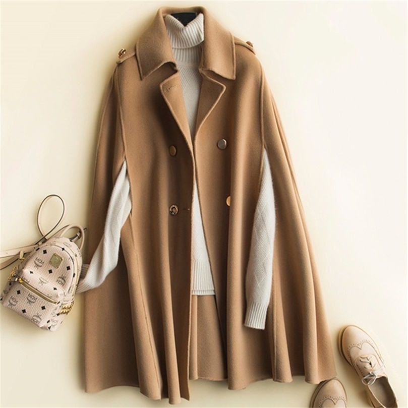 100% Wool Mid long bat cape women woolen coats spring loose double sided cashmere coat women's Cape fashion brown wool coat 201214