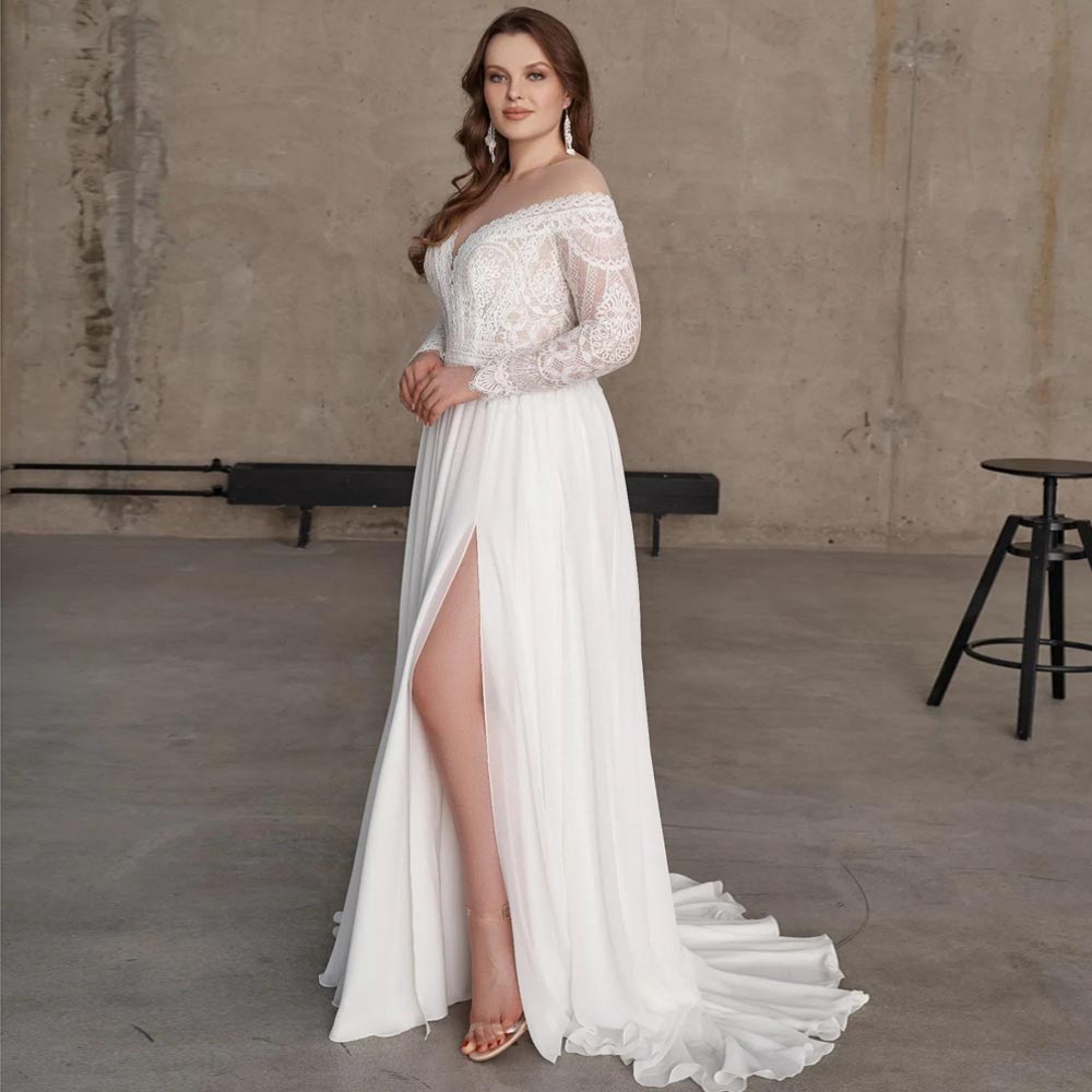 Elegant Bohemian Plus Size Wedding Dresses Lace Beach Bridal Gowns Long Sleeves Illusion Bateau Neckline Side Split Chiffon Boho Vestido De Novia 415