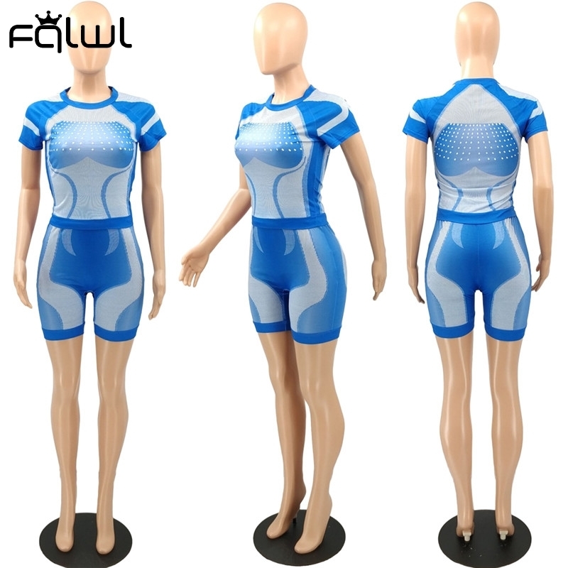 FQLWL Summer Outfits Fitness 2 Two Piece Set Women Crop Top Biker Shorts Set Female Elastic Ladies Tracksuit Women Matching Sets 220524