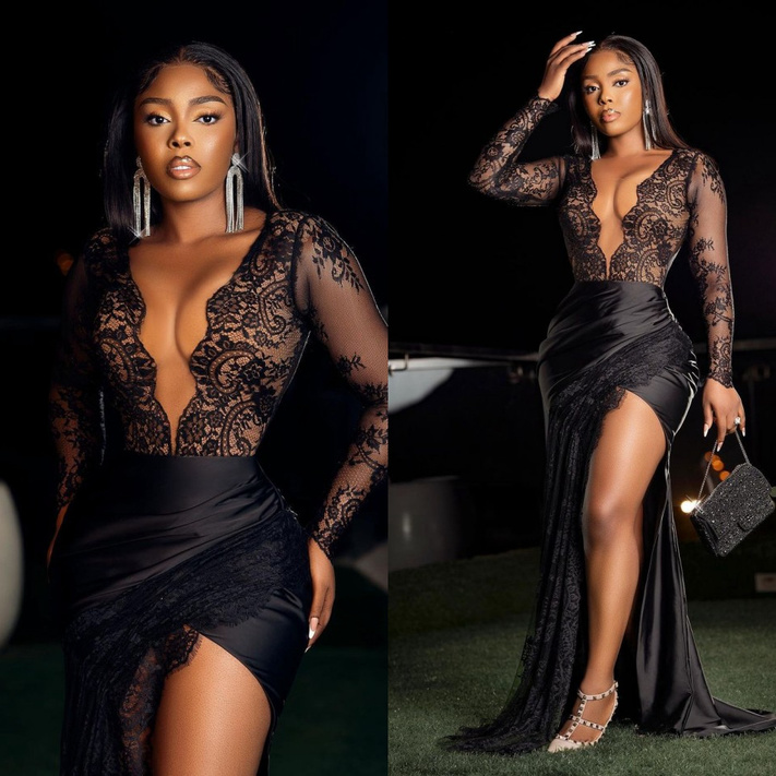 2022 Black Lace Evening Dresses Big V Neck Long Sleeves High Slit Women Party Prom Dressing Gowns Mermaid Plus Size B0503