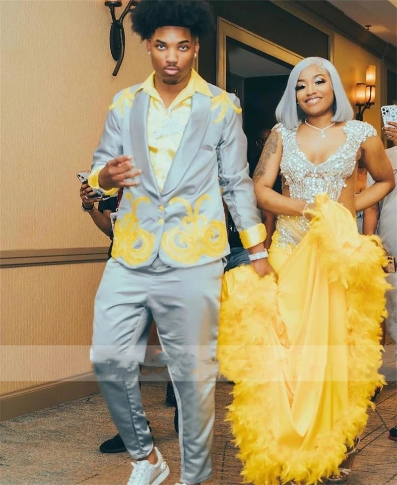 Yellow Light Mermaid Prom Dresses Feather Rhinest Size Aso Ebi