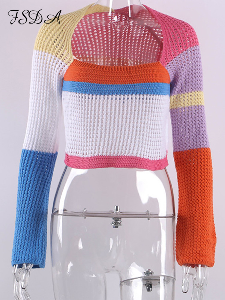 FSDA Knitted Long Sleeve Crop Top Women Beach Autumn Summer Patchwork Vintage Green Casual T Shirts Sexy Fashion 220527