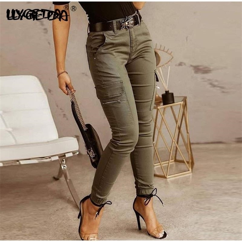 Zipper Pocket Women's Pants High Waist Without Belt Skinny Cargo Women Pant Summer Autumn Fashion Casual Trousers Female 220325