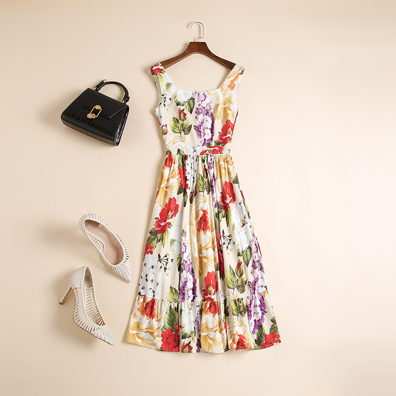 Women's Runway Dresses Spaghetti Straps Floral Printed Ruffles Fashion Summer Holiday Dress Vestidos