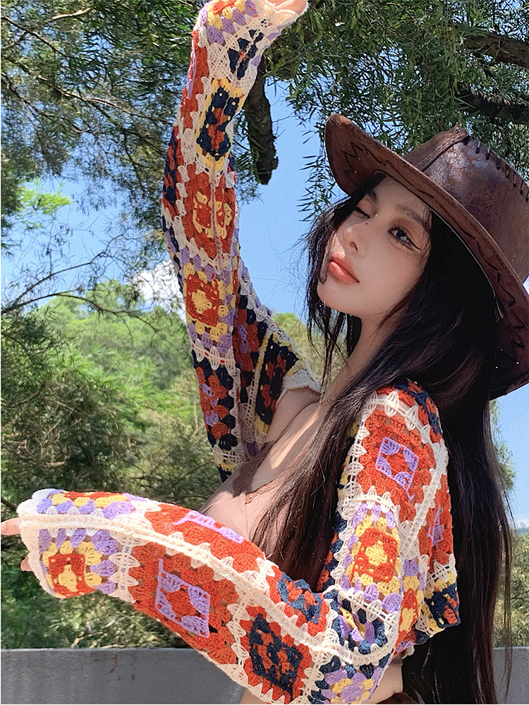 Autumn Women Hollow Out Vintage Printing Knitted Cardigan Sweater Loose Long Sleeve Thin Section Knitwear Open Stitch Coat W220817