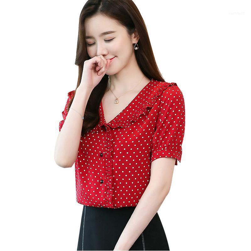 Women Shirt Short Sleeve Blouse Summer Polka Dot Shirts Female Womens Tops And Blouses Women, Red
