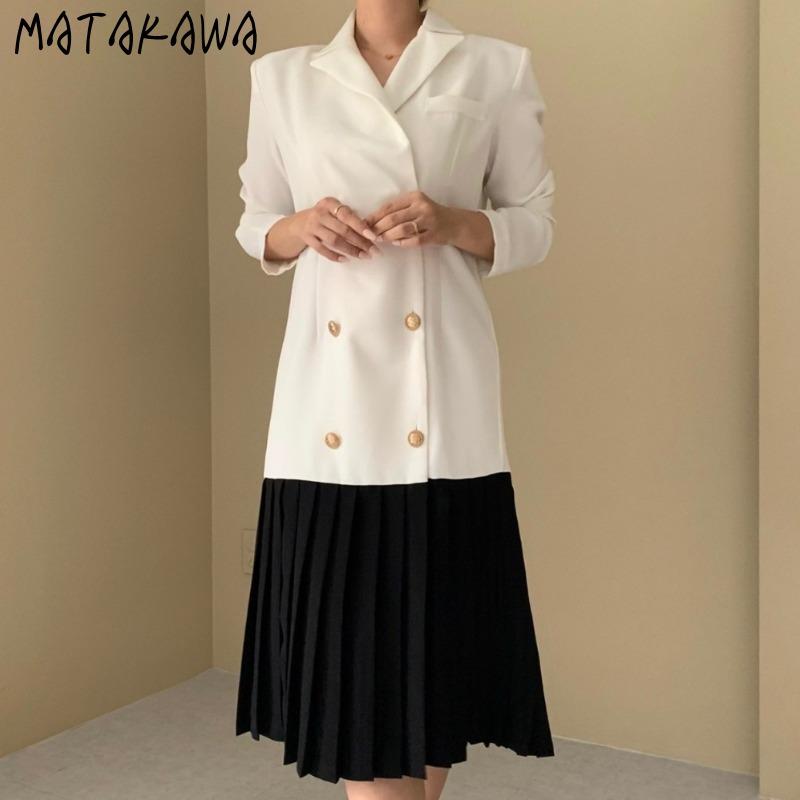 Casual Dresses Matakawa Woman Dress Autumn Korean Vintage Slim Lapel Double Breasted Vestidos Contrast Color Pleated Patchwork Suit, Black;gray
Casual Dresses Matakawa Woman Dress Autumn Korean Vintage Slim Lapel Double Breasted Vestidos Contrast Color Pleated Patchwork Suit, Black;gray