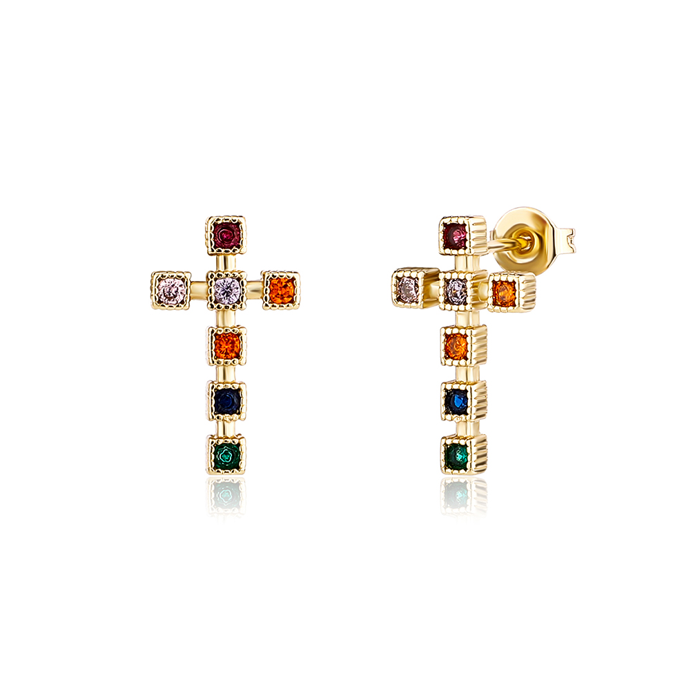 New Colorful Zircon Cross Stud Earrings Silver Gold Color Prong Bling Red Green CZ Earring Studs Delicate Fashion Women Girls Fine Party Jewelry Mothe