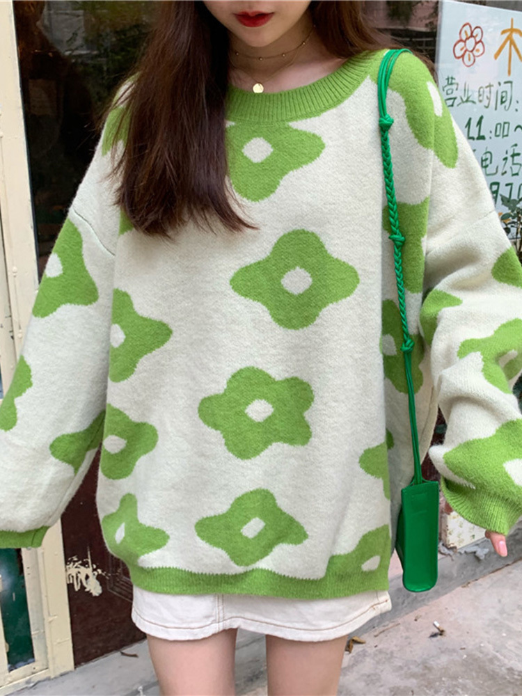 Flower Knitted Sweater Women Green Oversized Pullovers Sweater Winter Clothes Loose Long Sweaters Streetwear Sueter Mujer 220816 
Flower Knitted Sweater Women Green Oversized Pullovers Sweater Winter Clothes Loose Long Sweaters Streetwear Sueter Mujer 220816