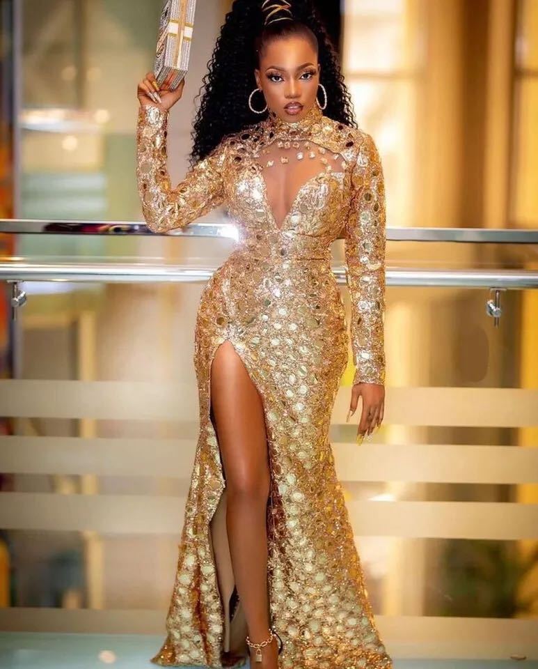 Gold Sexy Mermaid Evening Dresses 2022 long sleeve High Split Sequined diamonds Plus Size Prom engagement Pageant gown Vestidos De Fiesta