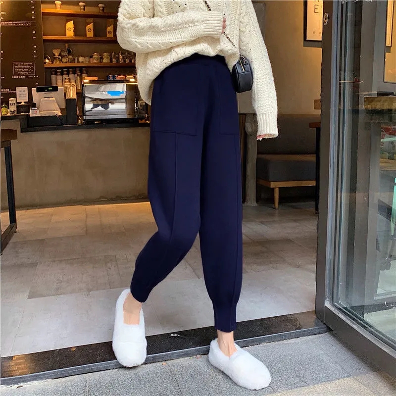 Women Autumn Winter Knitted Harem Pants Female Loose Solid Color Trousers Ladies High Waist Warm Granny Casual 220325