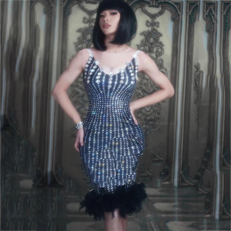 Stage Wear Sparkly Rhinestone Dress Feather Stretch Nightclub Evening Birthday Celebrate Dresses Drag Queen Costumes Festival Outfit DT548St, Black
Stage Wear Sparkly Rhinestone Dress Feather Stretch Nightclub Evening Birthday Celebrate Dresses Drag Queen Costumes Festival Outfit DT548St, Black
