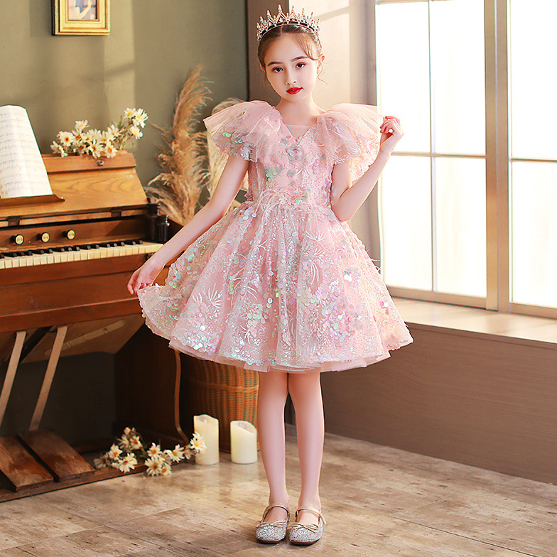 Bling Sequin Pageant Fluffy pink sequined Ruched Flower Girl Dress Ball Gowns Party Dresses for Girls First Holy Communion gown