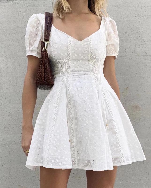 Retro Embroidery Hole Stitching Lace Cross Lacing up Short Sleeve Short Dress Woman White French Mini Dresses Holiday 220511