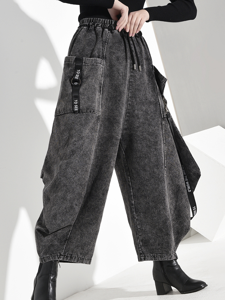 [EAM] High Elastic Waist Pocket Split Long Denim Wide Leg Trousers Loose Fit Pant Fashion Spring Autumn 1D 220325