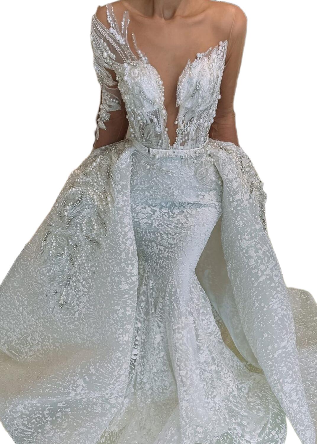 plus size arabic aso ebi luxurious lace beaded wedding dress sheer neck vintage bridal gowns dresses zj125