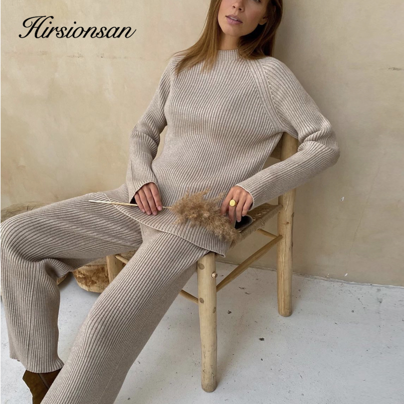 Hirsionsan Elegant Soft Knitted Sets Women Autumn Winter Warm Casual Two Pieces Sweater and Pants Outfits Solid Tracksuit Lady 220816