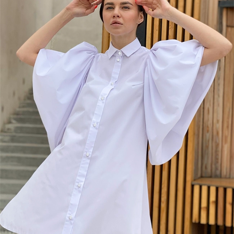 OOTN Oversized Chic Party Shirt Dress Women Petal Sleeve A-Line Lapel Pure Cotton Summer Mini Dress Loose Office Elegant Dress 220511